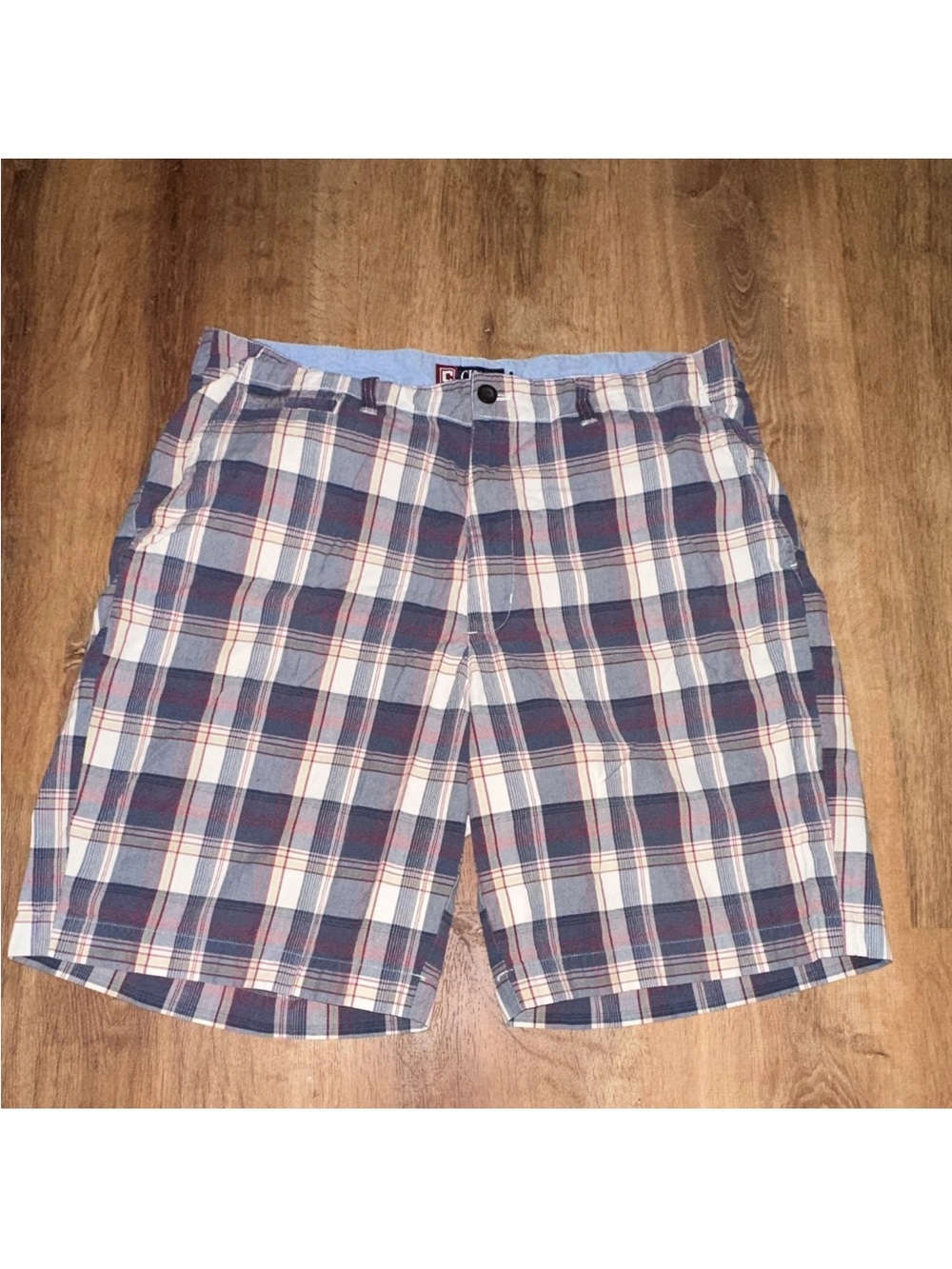 Chaps Plaid Flat Front Shorts - Blue, White & Red